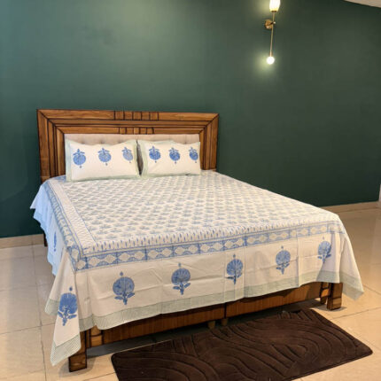 Blue Lotus Hand Block Printed 100% Cotton King Size Bedsheet
