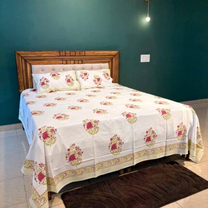 Blush Bloom Buta Hand Block Printed 100 Percent Cotton King size bedsheet
