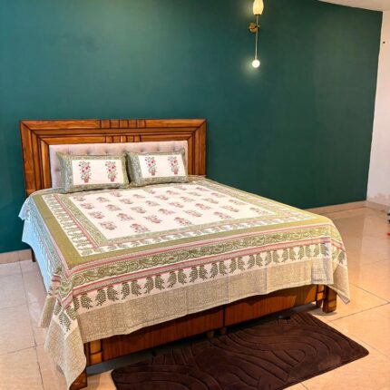 Botanical Bloom Olive Green Anokhi Print Duck Fabric Pure Cotton King Size Bed Sheet