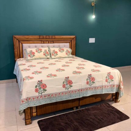 Coral Charm Hand Block Printed 100 Percent Cotton King size bedsheet