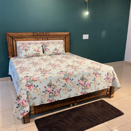 Mustard Flowers on Cool Blue-Grey Anokhi Print Duck Fabric Pure Cotton King Size Bed Sheet