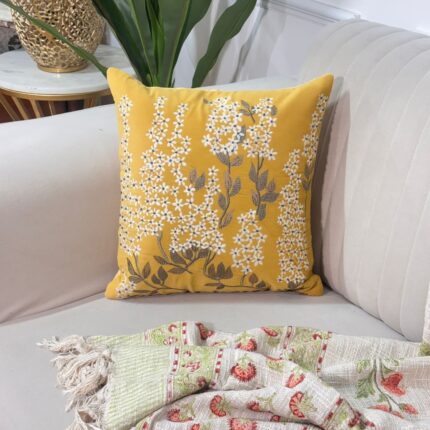 Golden Mustard Floral Embroidered Cushion Cover