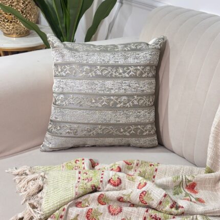 Elegant Grey & Gold Floral Stripe Cushion Cover