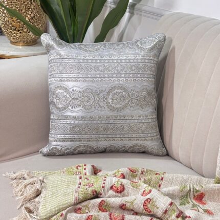 Luxurious Silver Brocade Cushion Cover with Royal Elegance