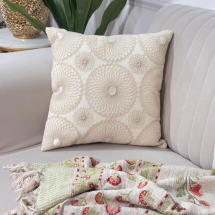 Elegant All-Over Embroidered Cushion Cover – Soft Ivory