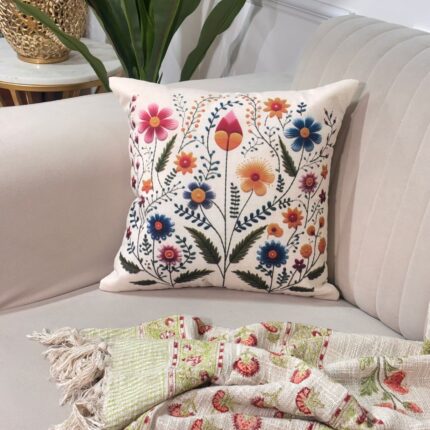 Hand-Embroidered Multicolor Floral Cushion Cover – Natural Base