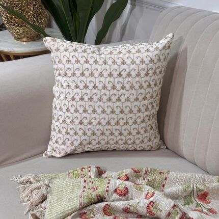 Classic Embroidered Trellis Cushion Cover – Ivory & Gold