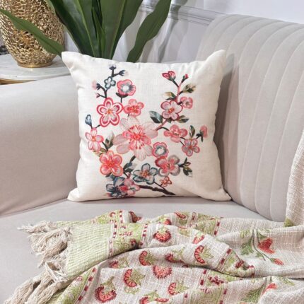 Embroidered Floral Linen-Look Cushion Cover with Solid Back