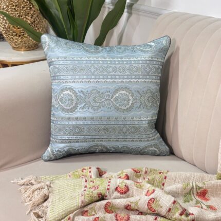 Royal Heritage Jacquard Cushion Cover – Powder Blue & Silver Damask Lattice