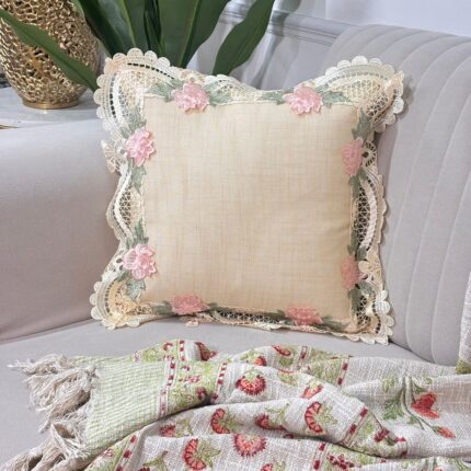 Royal Lace Blossom Cushion Cover – Soft Cream Elegance