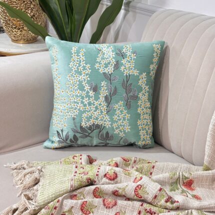 Mint Garden Bloom – Hand-Embroidered Floral Cushion Cover