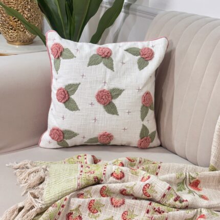 Hand-Embroidered Floral Textured Cushion Cover – Off-White