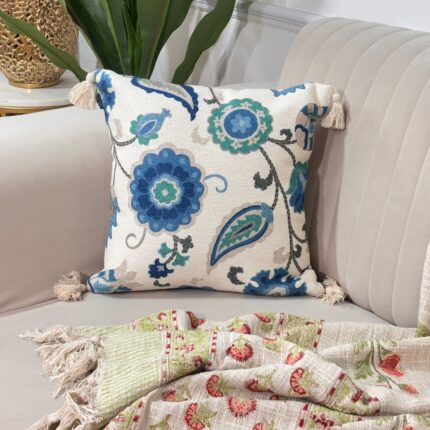 Floral Blue Handloom-Style Cotton Cushion Cover with Tassels