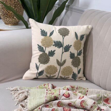 Artisan Earth-Tone Floral Hand-Embroidered Cushion Cover