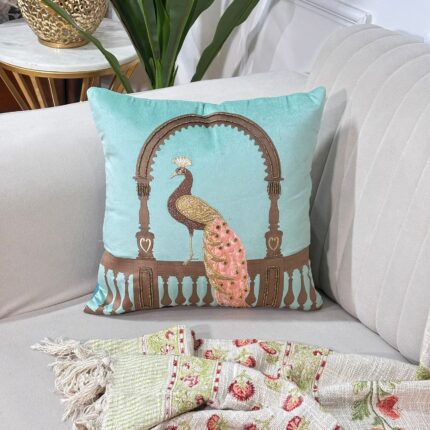 Aqua Blue Regal Peacock Embroidered Cushion Cover