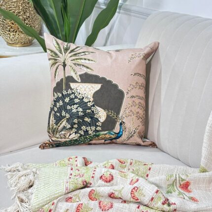 Blush Rose Peacock Cushion – Warm Earthy Tones with Easy Care