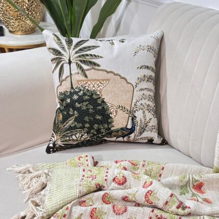 Ivory Garden Peacock Cushion – Soft Neutrals with Regal Accents