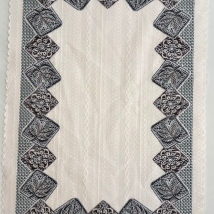Luxury Embroidered Polyester Table Mat with Lace Border – Ivory & Grey