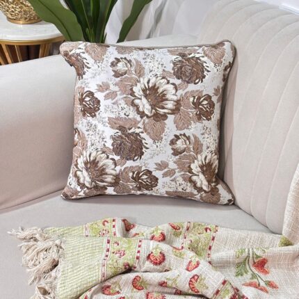 Classic Floral Jacquard Cushion Cover – Beige & Brown