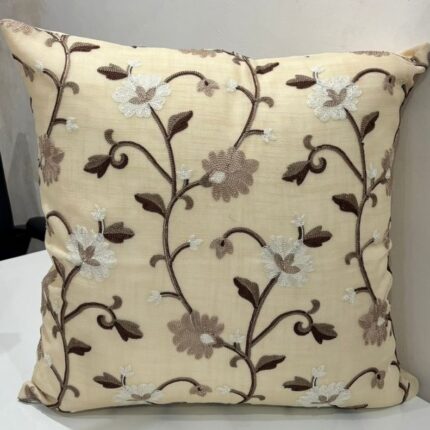Ivory & Mocha Floral Embroidered Cushion Cover – Elegant Neutral Charm