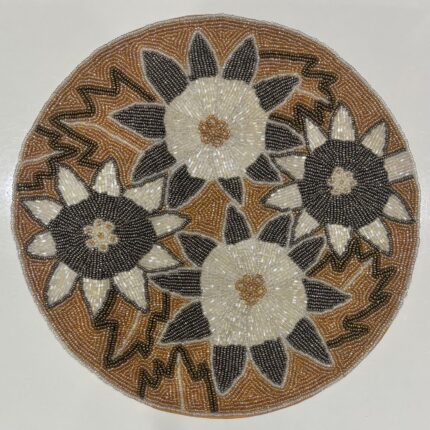 Handcrafted Beaded Floral Round Table Mat – Elegant Gold & Ivory Design