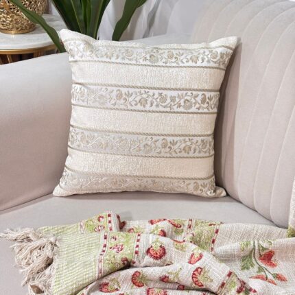 Graceful Ivory & Gold Jacquard Cushion Cover – Easy-Care Luxury