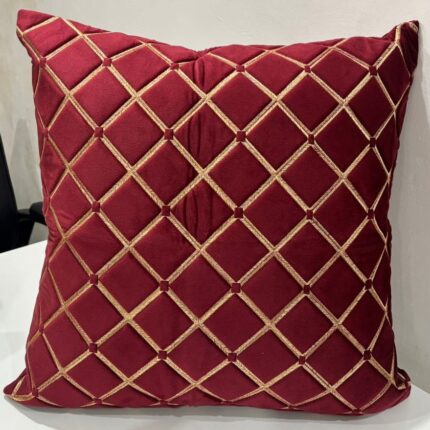 Luxury Maroon Embroidered Cushion Cover with Gold Diamond Pattern