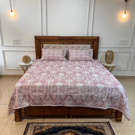 Vintage Rose Damask Bedcover with Matching Pillow Covers