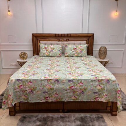 Mint Green Garden Bloom Cotton Bedsheet Set with pillow covers