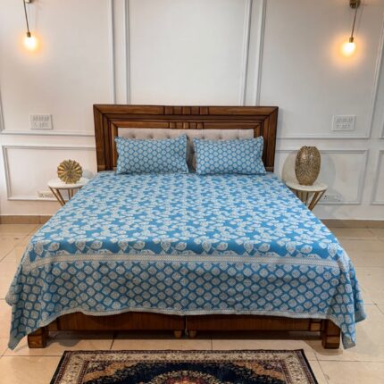 Blue Haven Handblock Print Bedcover with Matching Pillow Covers)