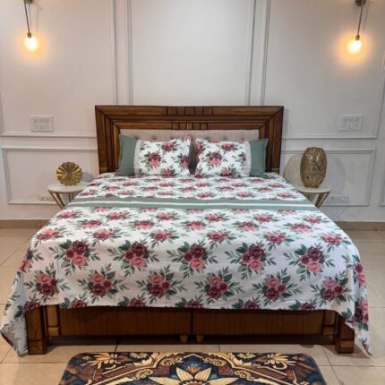 Elegant Rose Floral Print Cotton Bedsheet Set in White & Green