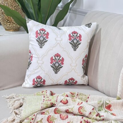 Traditional Buti Lattice Cushion Cover in Ruby & Sage