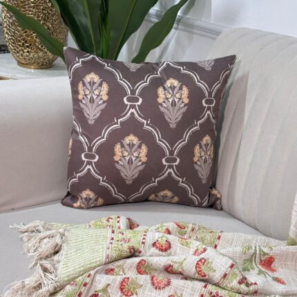Heritage Floral Lattice Cushion Cover – Deep Brown Elegance