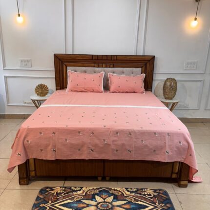 Peach Blossom: Elegant Floral Embroidered Cotton Bedsheet