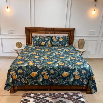 Dark Green Floral Cotton Bedsheet Set with Mustard Yellow Accents