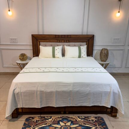 Elegant Embroidered White Cotton Bedsheet with Green Border