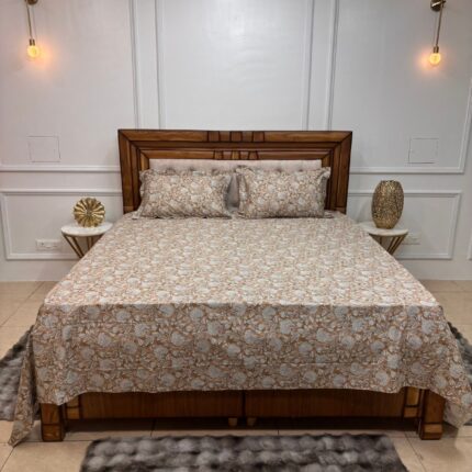 LUXURY BEIGE FLORAL PRINTED COTTON BEDSHEET SET