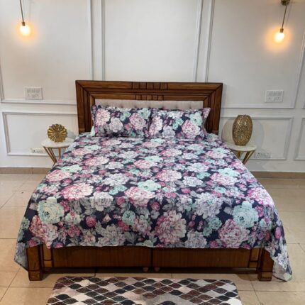 Navy Blue Floral Cotton Bedsheet Set with Multicolour Rose Print