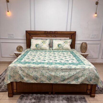 Teal Blossom Framed Premium Bedsheet Set with matching pillow covers