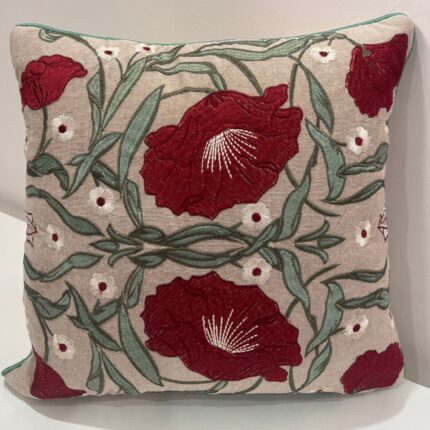 Crimson Bloom Hand-Embroidered Cushion Cover