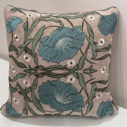 Elegant Teal Floral Embroidered Cushion Cover