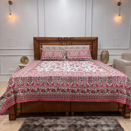 HERITAGE FLORAL PURE COTTON BEDSHEET WITH ROYAL RED BORDER