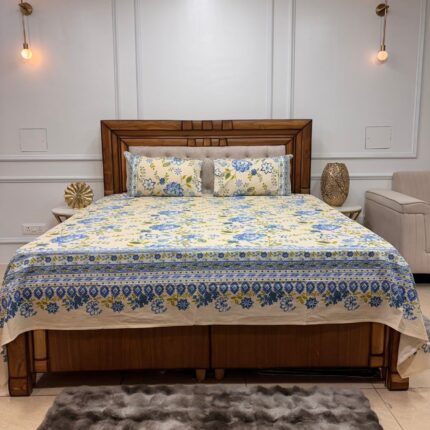 Premium Floral Cotton King Size Bedsheet with Matching Pillow Covers - Blue & Marigold Motif