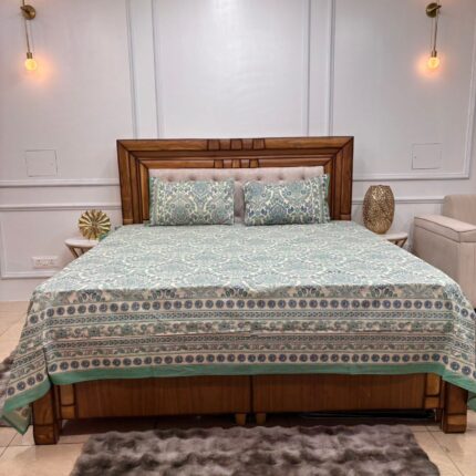 Premium Mint & Teal Damask King Size Bedsheet Set – Hand-Block Inspired All-Over Floral Print