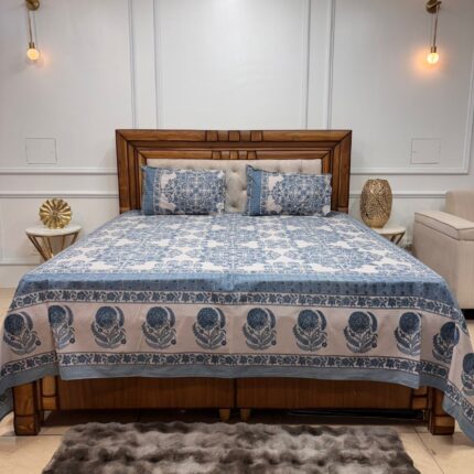 Premium Mughal-Inspired Cotton King Size Bedsheet Set – Hand-Block Style Floral & Mandala Print