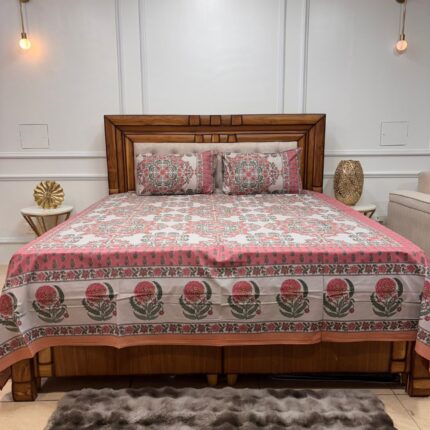 Royal Jaipuri Floral Cotton King Size Bedsheet Set – Rose Pink & Peach Hand-Block Style