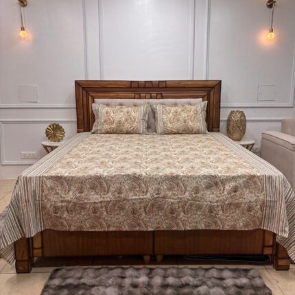 Royal Mughal Vine Cotton King Size Bedsheet – Burgundy & Ochre Hand-Block Style