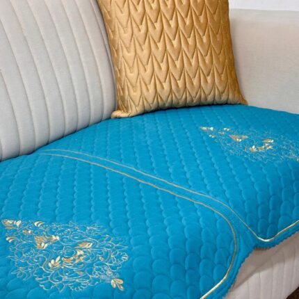 Royal Blue Quilted Sofa Cover with Gold Elegance 💙✨