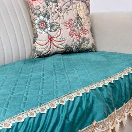 Enchanted Emerald Quilted Velvet Sofa Cover – Ornate Golden Lace Border