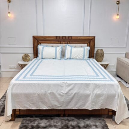 Serene Sky-Blue Lace Inset Bedsheet Set – Premium White Cotton